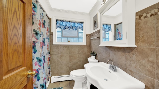 7022 W 64th St, Chicago, IL 60638 - full bath featuring a baseboard heating unit, tile walls, crown molding, tile patterned flooring, and a shower with shower curtain