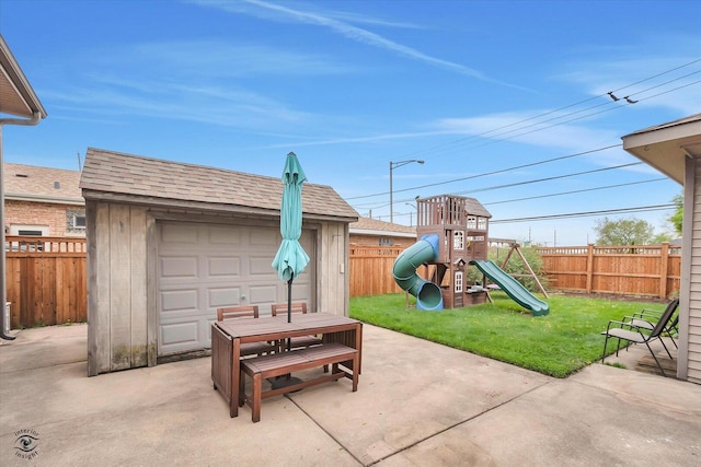 4839 Lamb Dr, Oak Lawn, IL 60453 - fenced backyard featuring a patio area, a playground, a shed, and outdoor dining area