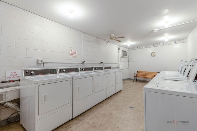 945 E Kenilworth Ave Unit 120, Palatine, IL 60074 - shared laundry room with washing machine and dryer, a ceiling fan, and concrete block wall