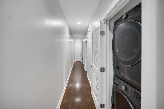 5017 S Prairie Ave Unit 2N, Chicago, IL 60615 - washroom with estacked washer and dryer, dark wood finished floors, and recessed lighting