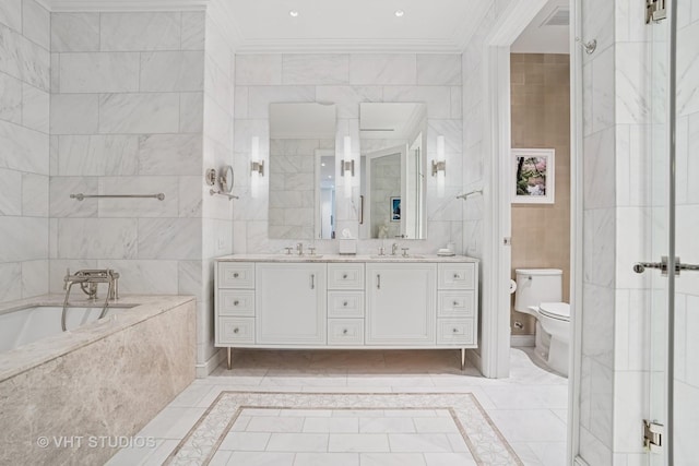 435 N Michigan Ave Unit 1203, Chicago, IL 60611 - full bathroom featuring double vanity, crown molding, and a garden tub