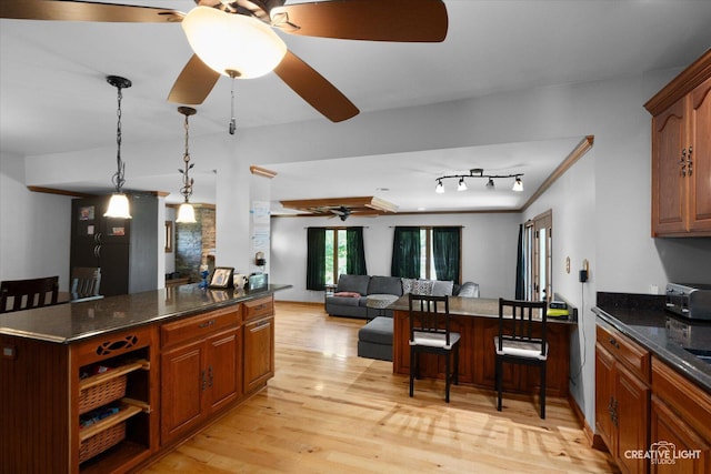 1920 Heather Ln, Joliet, IL 60431 - kitchen with a ceiling fan, a breakfast bar, light wood-style flooring, and open floor plan