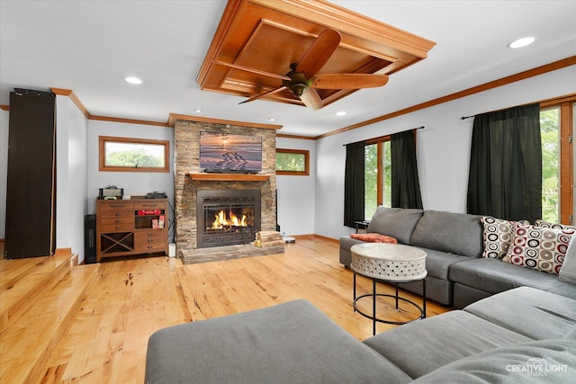 1920 Heather Ln, Joliet, IL 60431 - living area featuring ornamental molding, a fireplace, wood-type flooring, ceiling fan, and recessed lighting