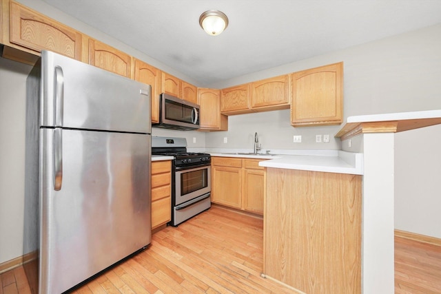 1225 Alexandria Dr, Sycamore, IL 60178 - kitchen featuring appliances with stainless steel finishes, light brown cabinetry, light wood-style flooring, and light countertops
