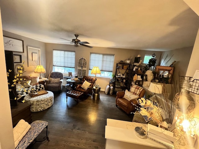 living area featuring a ceiling fan and dark wood finished floors