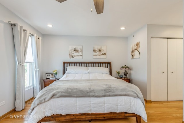 49 W 15th St Unit D, Chicago, IL 60605 - bedroom with light wood-style flooring, recessed lighting, a closet, and ceiling fan