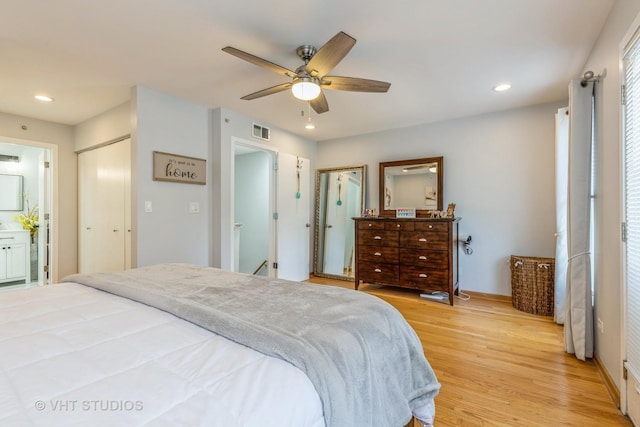 49 W 15th St Unit D, Chicago, IL 60605 - bedroom with light wood-type flooring, recessed lighting, ceiling fan, ensuite bath, and two closets