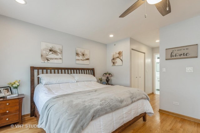 49 W 15th St Unit D, Chicago, IL 60605 - bedroom with light wood-type flooring, a closet, recessed lighting, and ceiling fan