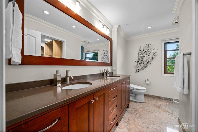 6382 Twin Oaks Ln, Lisle, IL 60532 - bathroom with double vanity, ornamental molding, and recessed lighting