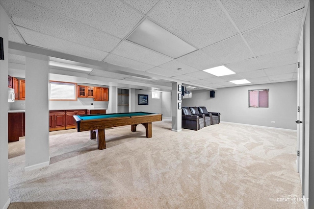 6382 Twin Oaks Ln, Lisle, IL 60532 - rec room with light colored carpet, billiards table, and a drop ceiling