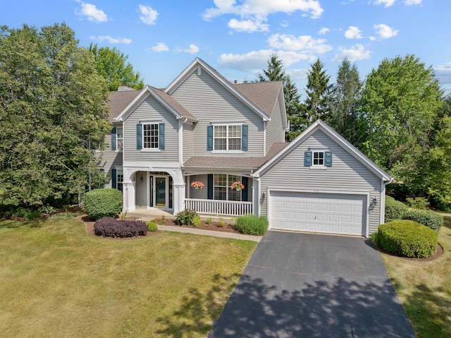 910 Angle Tarn Dr, West Dundee, IL 60118 - traditional-style house with a porch, asphalt driveway, a front yard, a shingled roof, and an attached garage