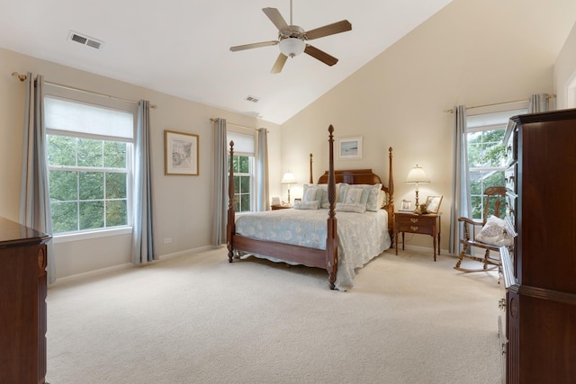 910 Angle Tarn Dr, West Dundee, IL 60118 - bedroom featuring light carpet, multiple windows, high vaulted ceiling, and ceiling fan