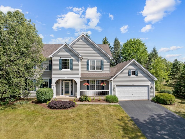 910 Angle Tarn Dr, West Dundee, IL 60118 - traditional-style home featuring asphalt driveway, a porch, an attached garage, a front yard, and roof with shingles