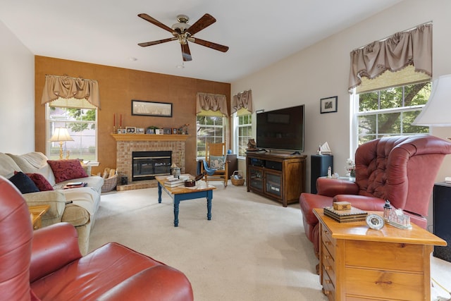 910 Angle Tarn Dr, West Dundee, IL 60118 - living room with a ceiling fan, light carpet, healthy amount of natural light, and a fireplace