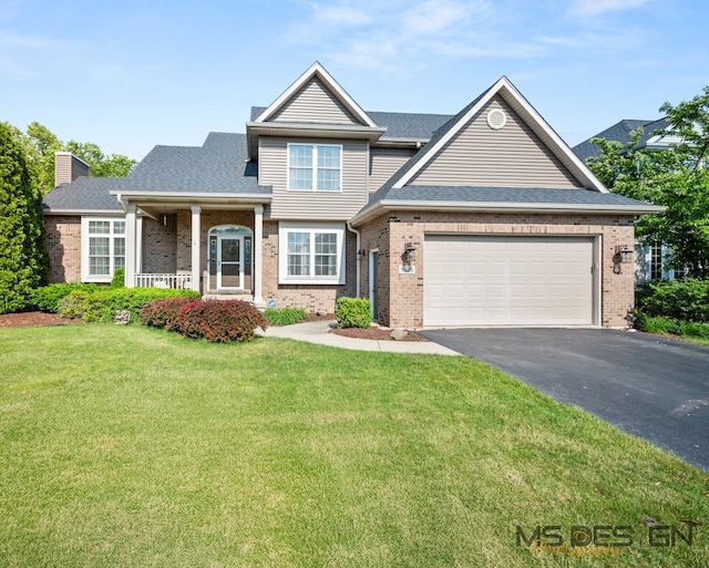 1826 Joseph Sixbury St, Sycamore, IL 60178 - view of front of house featuring brick siding, asphalt driveway, a front lawn, a chimney, and covered porch