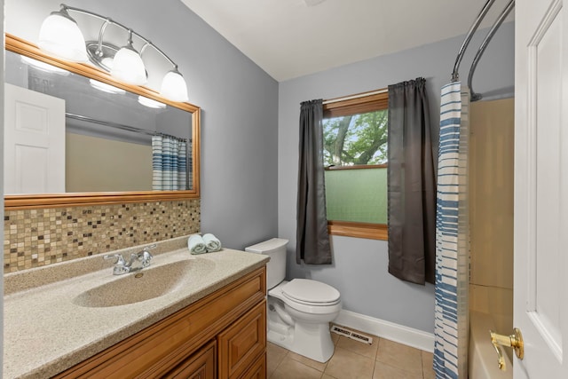 573 Surryse Rd, Lake Zurich, IL 60047 - full bathroom with a shower with curtain, vanity, tile patterned flooring, tasteful backsplash, and a tub