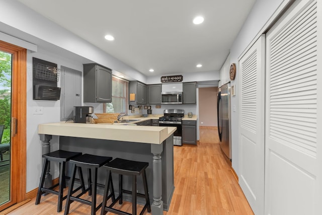 573 Surryse Rd, Lake Zurich, IL 60047 - kitchen featuring appliances with stainless steel finishes, gray cabinets, a peninsula, a kitchen breakfast bar, and light countertops