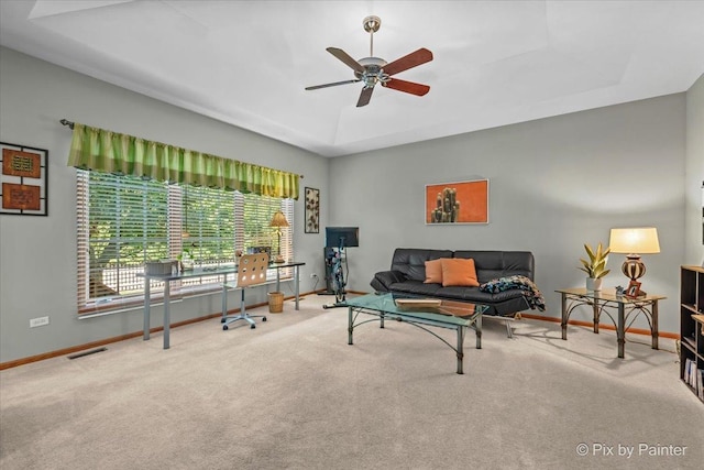 3720 Cypress Dr, Spring Grove, IL 60081 - carpeted living area with a ceiling fan and a raised ceiling
