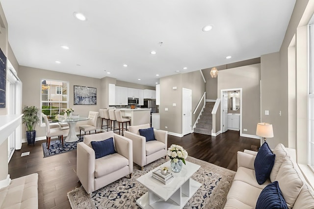 2673 N Greenwood Ave, Arlington Heights, IL 60004 - living area featuring dark wood finished floors, stairs, and recessed lighting