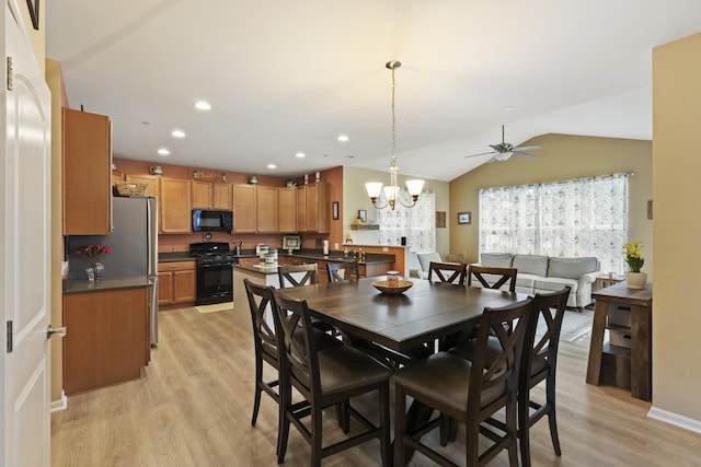 60 Linden Rd, Lake Zurich, IL 60047 - dining area featuring a chandelier, light wood-type flooring, vaulted ceiling, recessed lighting, and ceiling fan