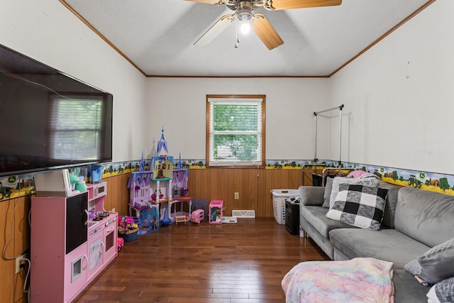 103 Taylor Ct, Catlin, IL 61817 - game room with crown molding, wainscoting, hardwood / wood-style flooring, a ceiling fan, and wood walls