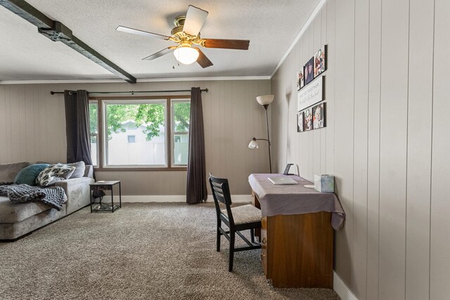 103 Taylor Ct, Catlin, IL 61817 - office area with carpet, ceiling fan, a textured ceiling, wooden walls, and crown molding