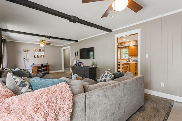 103 Taylor Ct, Catlin, IL 61817 - living area featuring a ceiling fan, crown molding, and beam ceiling