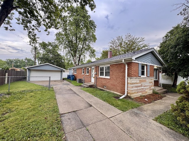 3732 153rd St, Midlothian, IL 60445 - ranch-style home with a detached garage, brick siding, an outbuilding, a chimney, and stone siding