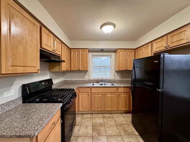 3732 153rd St, Midlothian, IL 60445 - kitchen with black appliances, under cabinet range hood, dark countertops, and light tile patterned flooring