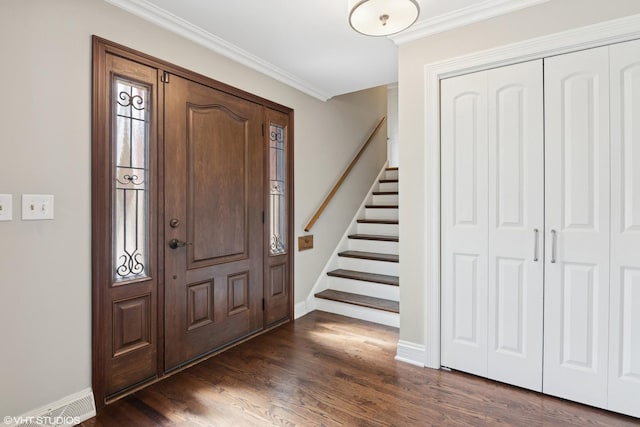 769 S Stuart Ave, Elmhurst, IL 60126 - foyer featuring stairway, crown molding, and dark wood finished floors