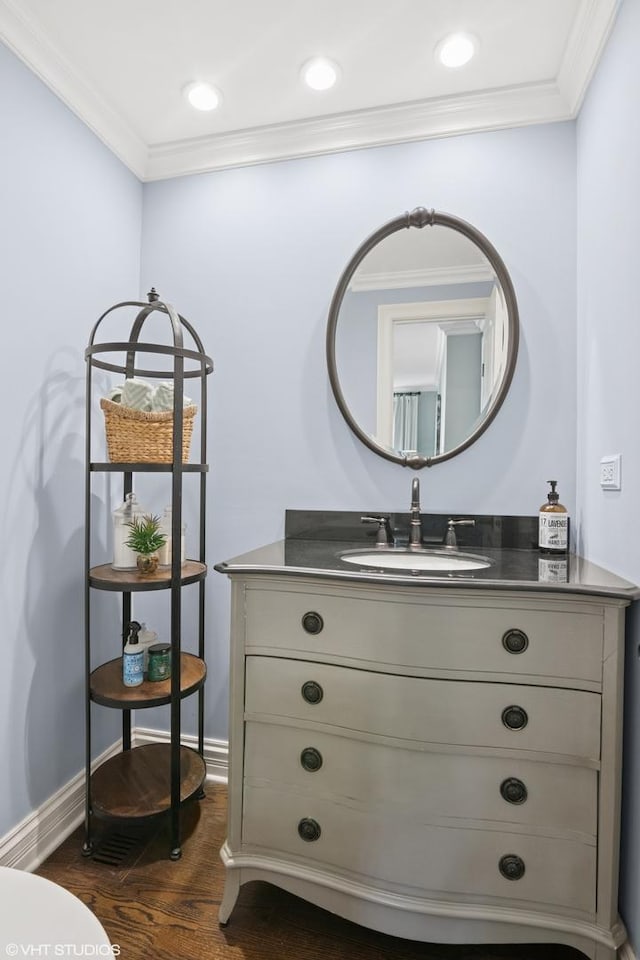769 S Stuart Ave, Elmhurst, IL 60126 - bathroom with wood finished floors, vanity, and crown molding