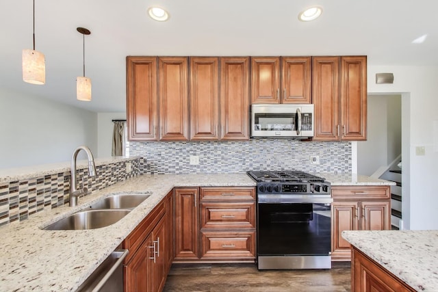 2023 N Shenandoah Dr, Arlington Heights, IL 60004 - kitchen with stainless steel appliances, brown cabinetry, dark wood-style flooring, backsplash, and recessed lighting