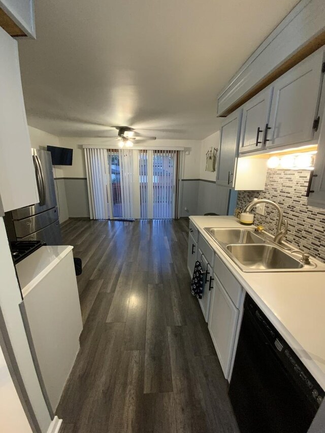 14441 Dante Ave, Dolton, IL 60419 - kitchen with dishwasher, a ceiling fan, freestanding refrigerator, dark wood-style floors, and decorative backsplash