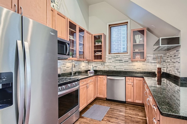 1622 W Ontario St Unit 1E, Chicago, IL 60622 - kitchen with appliances with stainless steel finishes, decorative backsplash, dark stone countertops, and dark wood-style floors