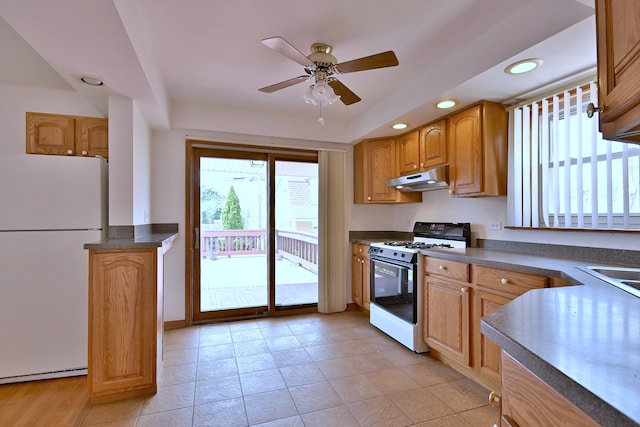 5010 N Merrimac Ave, Chicago, IL 60630 - kitchen featuring white appliances, under cabinet range hood, healthy amount of natural light, dark countertops, and recessed lighting