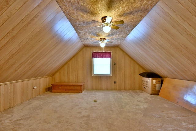 5010 N Merrimac Ave, Chicago, IL 60630 - additional living space with carpet flooring, wooden walls, lofted ceiling, and ceiling fan