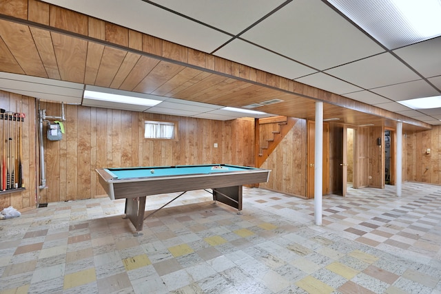 5010 N Merrimac Ave, Chicago, IL 60630 - game room with tile patterned floors, wooden walls, billiards table, and a paneled ceiling