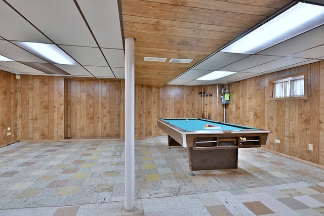 5010 N Merrimac Ave, Chicago, IL 60630 - recreation room with tile patterned floors, billiards, wood walls, and a drop ceiling
