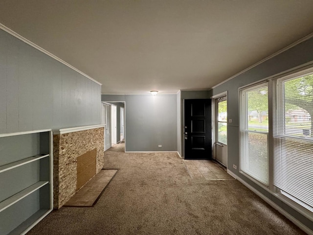 336 Marquette St, Park Forest, IL 60466 - entrance foyer featuring carpet, crown molding, healthy amount of natural light, and a tile fireplace