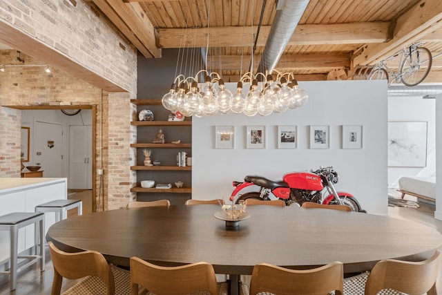 1017 W Washington Blvd Unit 2H, Chicago, IL 60607 - dining space featuring a wood ceiling with exposed beams, brick wall, wood finished floors, and a chandelier