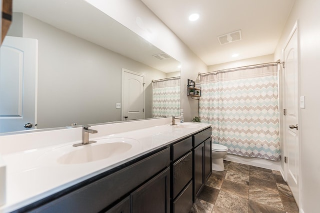 1113 Sapphire Ln, Pingree Grove, IL 60140 - full bathroom with double vanity, stone finish floors, curtained shower, and recessed lighting