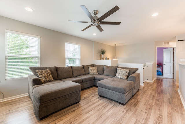 1113 Sapphire Ln, Pingree Grove, IL 60140 - living room featuring light wood-type flooring, ceiling fan, and recessed lighting