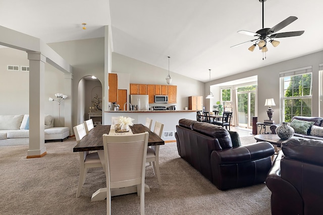 1611 Wintercrest Ln, Shorewood, IL 60404 - living room featuring light carpet, vaulted ceiling, and ceiling fan