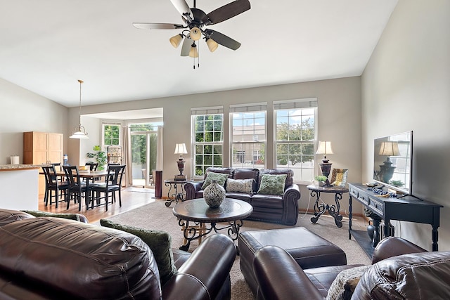 1611 Wintercrest Ln, Shorewood, IL 60404 - living room featuring lofted ceiling and a ceiling fan