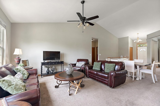 1611 Wintercrest Ln, Shorewood, IL 60404 - living area featuring carpet flooring, lofted ceiling, ceiling fan, and a chandelier