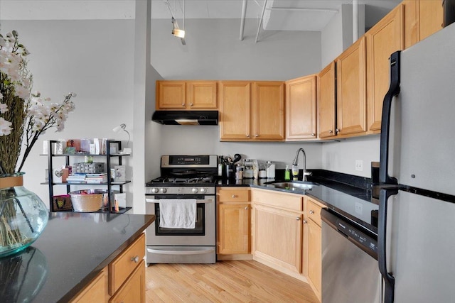 500 S Clinton St Unit 527, Chicago, IL 60607 - kitchen with appliances with stainless steel finishes, under cabinet range hood, light wood-type flooring, and light brown cabinetry
