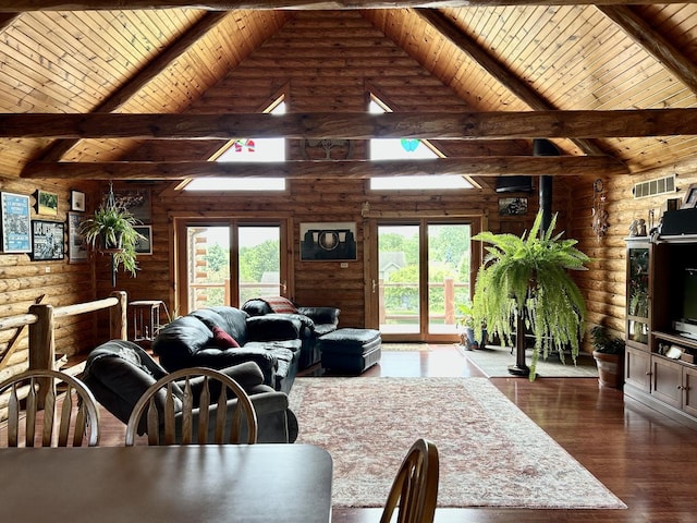 3468 E Spring Creek Dr, Ladd, IL 61329 - living room with log walls, a wooden ceiling with exposed beams, high vaulted ceiling, plenty of natural light, and dark wood-type flooring