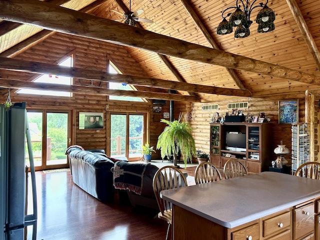 3468 E Spring Creek Dr, Ladd, IL 61329 - dining area with a wood ceiling with exposed beams, log walls, plenty of natural light, dark wood-style floors, and high vaulted ceiling