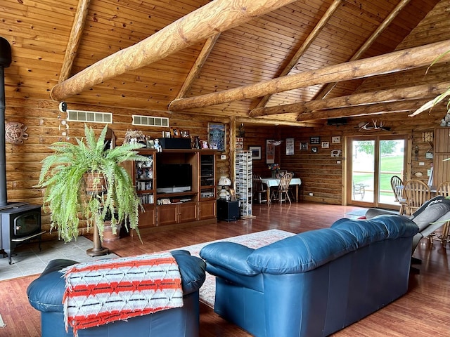 3468 E Spring Creek Dr, Ladd, IL 61329 - living area with a wood stove, a wood ceiling with exposed beams, wood-type flooring, and high vaulted ceiling