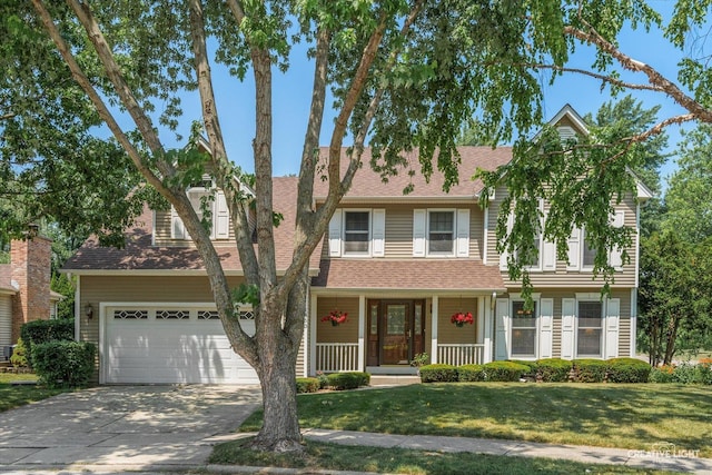 1453 Yale Ct, Naperville, IL 60565 - view of front facade with driveway, a porch, a front yard, a shingled roof, and an attached garage